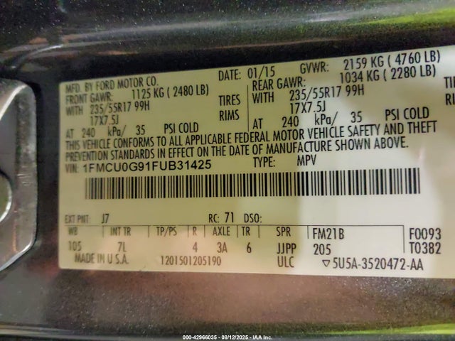 Ford 2015 2015 1FMCU0G91FUB31425 Image 9