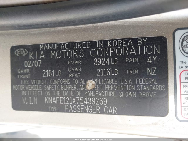 42966089 :رقم المزاد ، KNAFE121X75439269 vin ، 2007 Kia Spectra Ex مزاد بيع