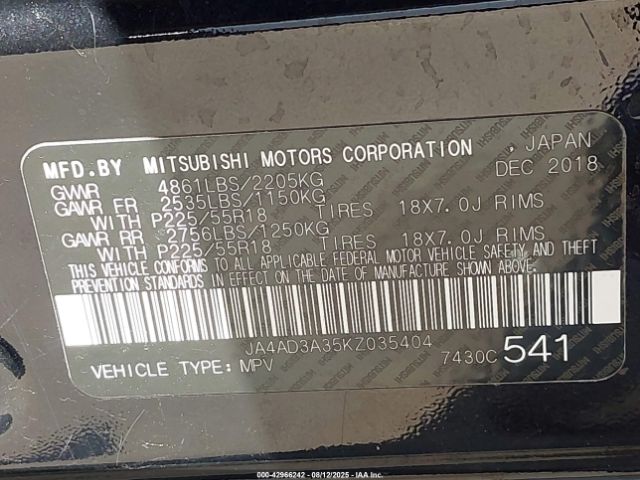 2019 MITSUBISHI OUTLANDER JA4AD3A35KZ035404 Photo 8