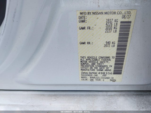 42966303 :رقم المزاد ، 1N4AL3AP4HC498356 vin ، 2017 Nissan Altima 2.5 S مزاد بيع