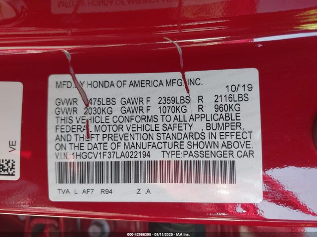1HGCV1F37LA022194 Honda l15be