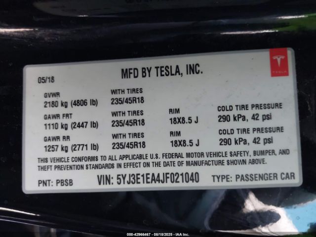 2018 TESLA MODEL 3 5YJ3E1EA4JF021040 Photo 8