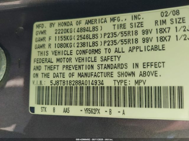 2008 ACURA RDX 5J8TB18288A014934 Photo 8