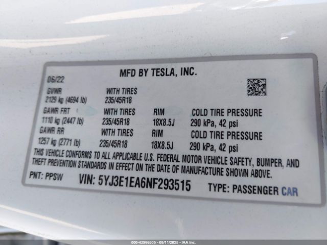 2022 TESLA MODEL 3 5YJ3E1EA6NF293515 Photo 8