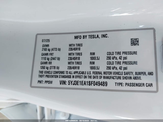 2025 TESLA MODEL 3 5YJ3E1EA1SF049489 Photo 8