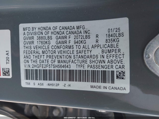 Honda k20c9 2025 2HGFE2F57SH564643 Image 9