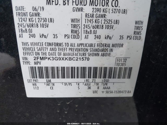 2FMPK3G9XKBC21570 Ford 2.0l gtdi w/premium fuel