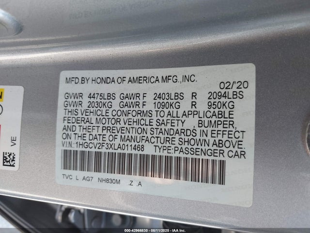 1HGCV2F3XLA011468 Honda k20c4