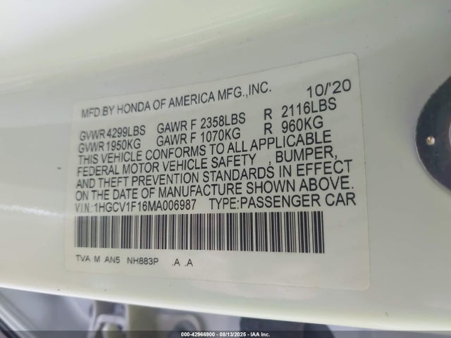 1HGCV1F16MA006987 Honda l15be