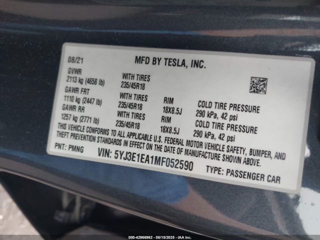2021 TESLA MODEL 3 5YJ3E1EA1MF052590 Photo 8