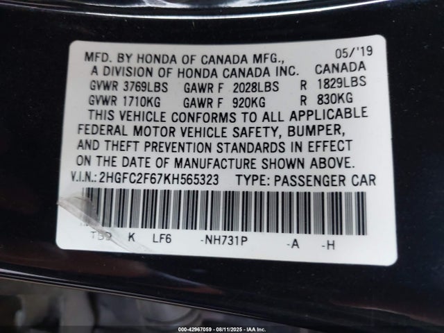 Honda k20c2 2019 2HGFC2F67KH565323 Image 9
