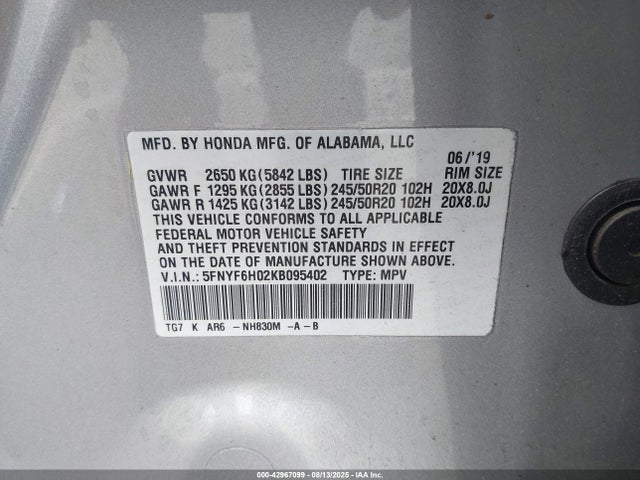 Honda j35y6 2019 5FNYF6H02KB095402 Image 9