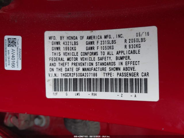 1HGCR2F50GA207186 Honda k24w1