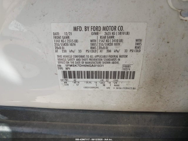 Ford ecoboost 2022 1FMSK7DH6NGA01031 Image 9