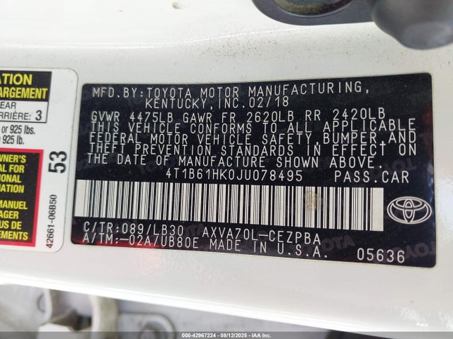 4T1B61HK0JU078495 Toyota a25a-fks