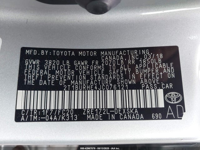 2T1BURHE4JC076121 Toyota 2zr-fe