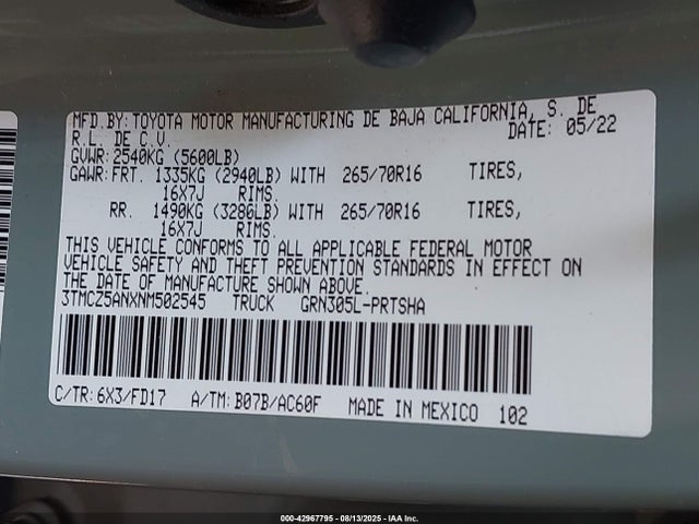 3TMCZ5ANXNM502545 Toyota 2gr-fks