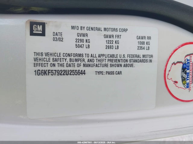 2002 CADILLAC DEVILLE 1G6KF57922U255644 Photo 8