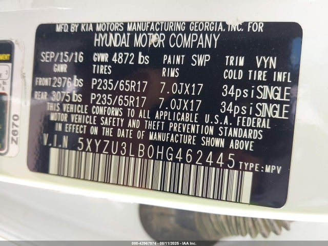 5XYZU3LB0HG462445 Hyundai gdi theta ii