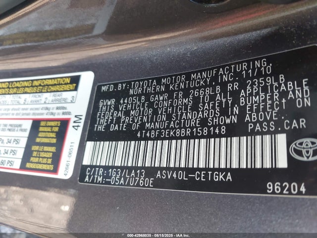 Aukcja sprzedaży 2011 Toyota Camry Xle, vin: 4T4BF3EK8BR158148, numer aukcji: 42968035