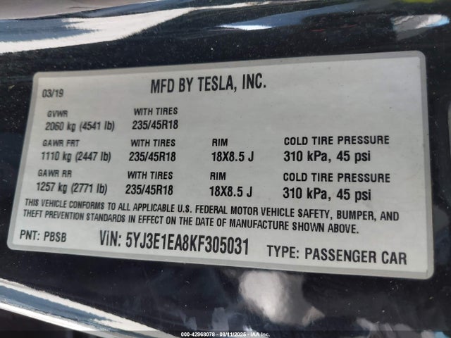 5YJ3E1EA8KF305031 Tesla MODEL 3