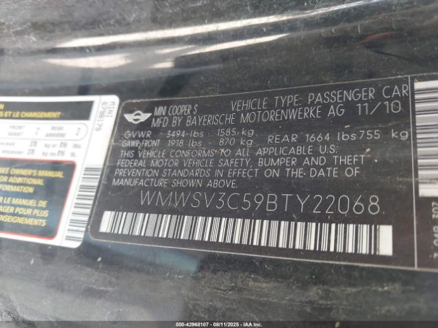2011 MINI COOPER S WMWSV3C59BTY22068 Photo 8