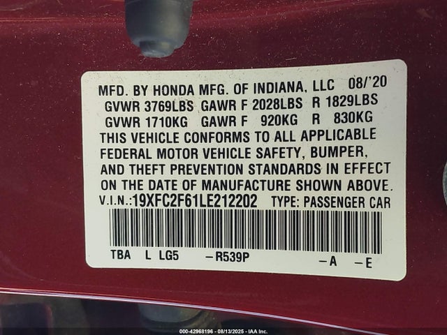 Honda k20c2 2020 19XFC2F61LE212202 Image 9
