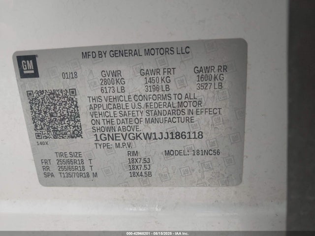 1GNEVGKW1JJ186118 Chevrolet lfy - spark ignited direct injection, atss, gen 1