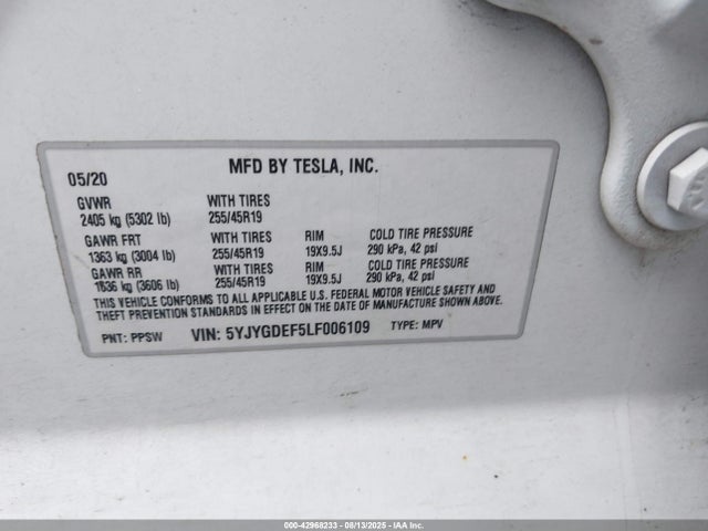 2020 TESLA MODEL Y 5YJYGDEF5LF006109 Photo 8