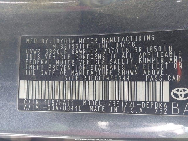 5YFBURHE6GP456344 Toyota 2zr-fe