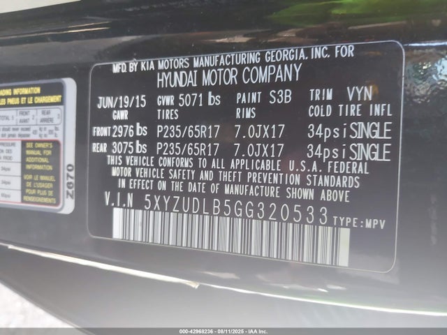 5XYZUDLB5GG320533 Hyundai gdi theta ii