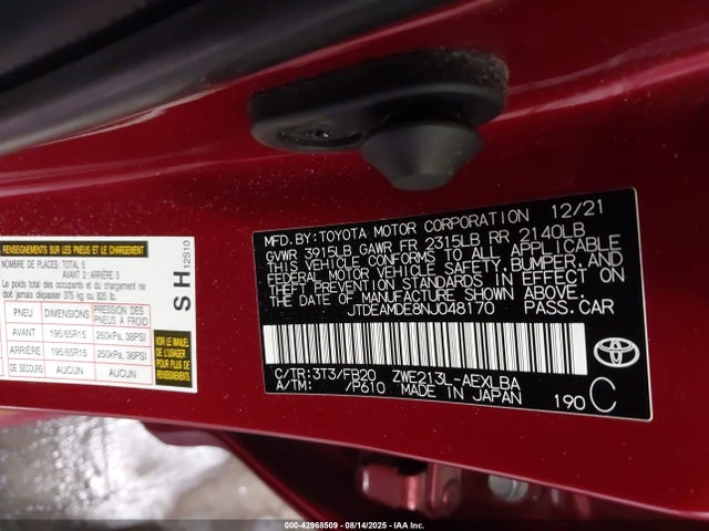 Toyota 2zr-fxe, 1nm 2022 JTDEAMDE8NJ048170 Image 9