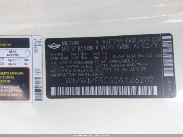 2010 MINI COOPER WMWMF3C50ATZ62112 Photo 8