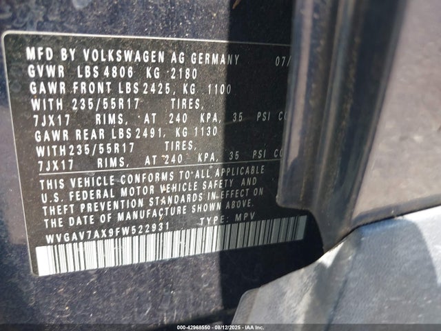 WVGAV7AX9FW522931 Volkswagen 2015