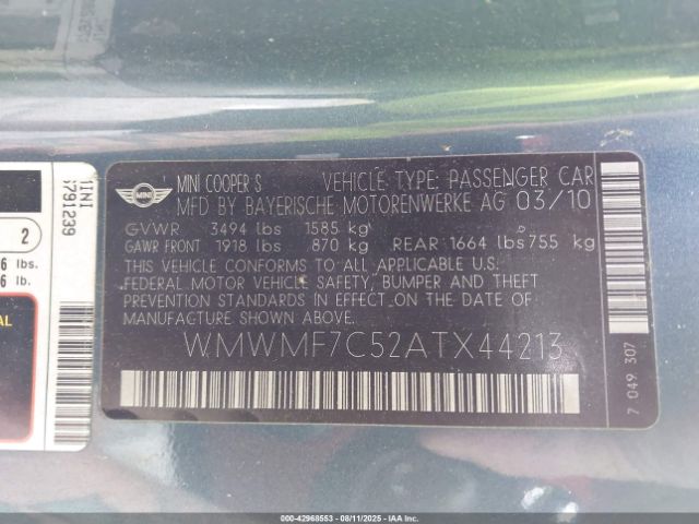 2010 MINI COOPER S WMWMF7C52ATX44213 Photo 8