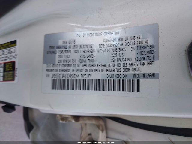 Продаж на аукціоні авто 2015 Mazda Cx-9 Grand Touring, vin: JM3TB2DAXF0467044, номер лоту: 42968665