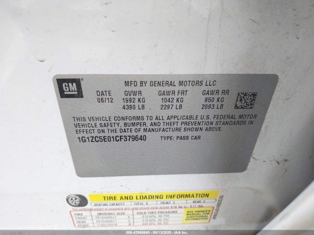 42968669 :رقم المزاد ، 1G1ZC5E01CF379640 vin ، 2012 Chevrolet Malibu 1lt مزاد بيع