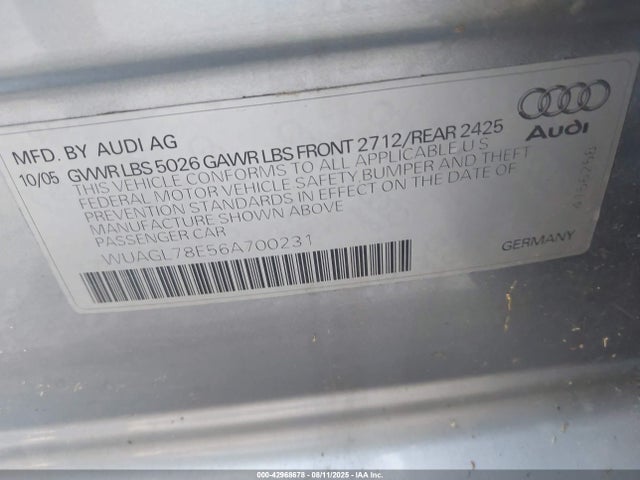 2006 AUDI S4 WUAGL78E56A700231 Photo 8