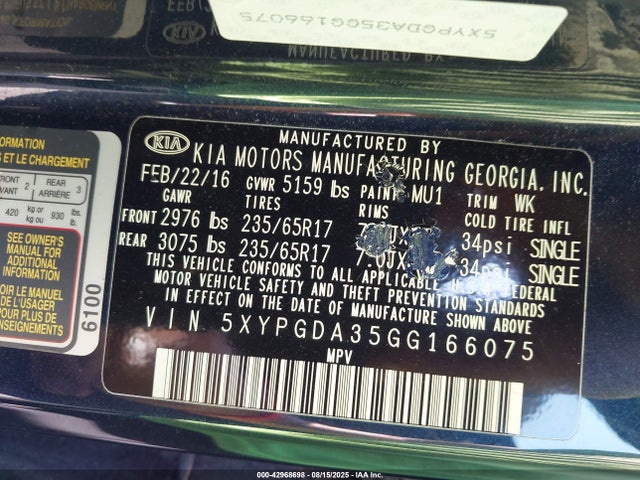 5XYPGDA35GG166075 KIA dohc gdi theta ii