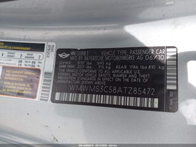 2010 MINI COOPER S WMWMS3C58ATZ85472 Photo 8