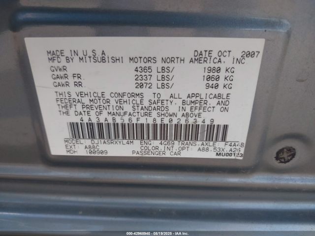 2008 MITSUBISHI GALANT 4A3AB56F18E026349 Photo 8