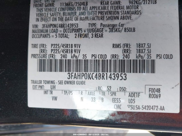 42968943 :رقم المزاد ، 3FAHP0KC4BR143953 vin ، 2011 Ford Fusion Sport مزاد بيع
