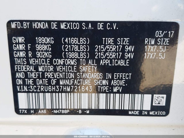 3CZRU6H37HM721643 Honda r18z9