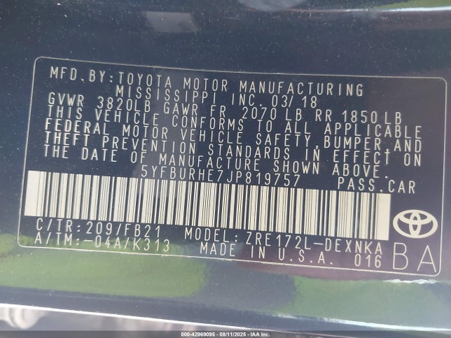 5YFBURHE7JP819757 Toyota 2zr-fe