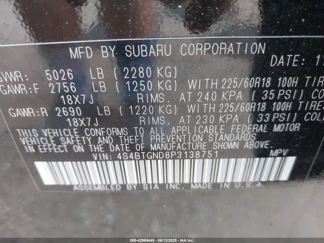 4S4BTGND8P3138751 Subaru u4