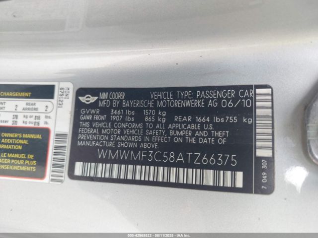 2010 MINI COOPER WMWMF3C58ATZ66375 Photo 8