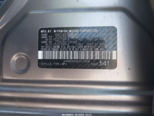 2019 MITSUBISHI OUTLANDER JA4AD2A30KZ013059 Photo 8