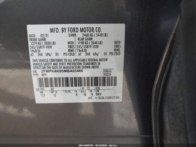 2FMPK4K95MBA03486 Ford 2.0l gtdi w/premium fuel