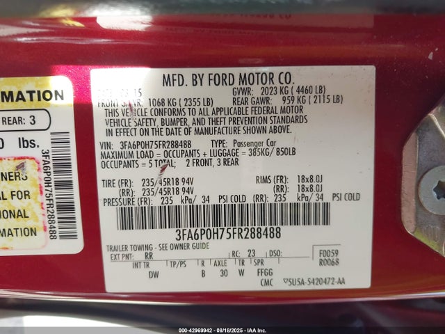 Продажа на аукционе авто 2015 Ford Fusion Se, vin: 3FA6P0H75FR288488, номер лота: 42969942