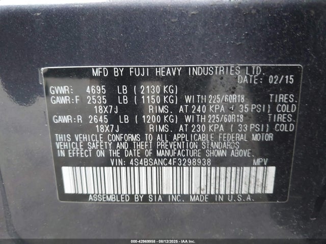 Subaru 2.5l u5 2015 4S4BSANC4F3298938 Image 9